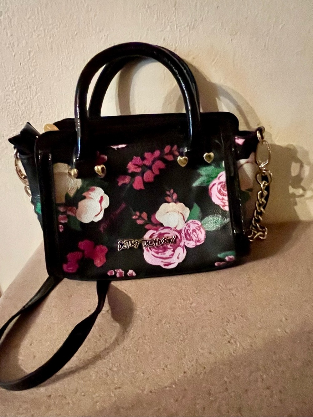 Betsy Johnson Mini Floral Patent Satchel Bag - Black with Pink Roses